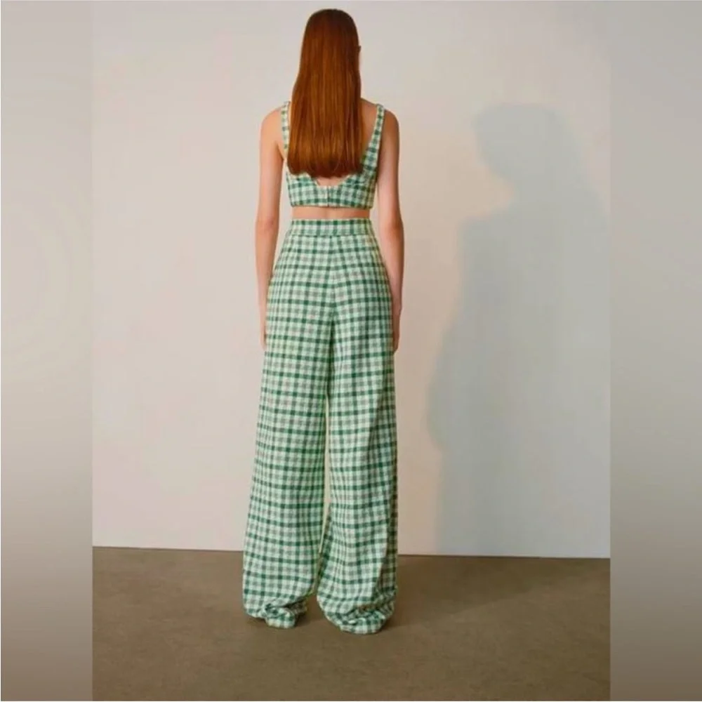 ZARA Green Check Plaid Tweed Wide Leg High Waisted Pants - Picture 5 of 6